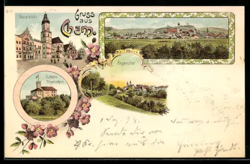 Lithographie Cham, Schloss Thierlstein, Hauptplatz, Regenufer
