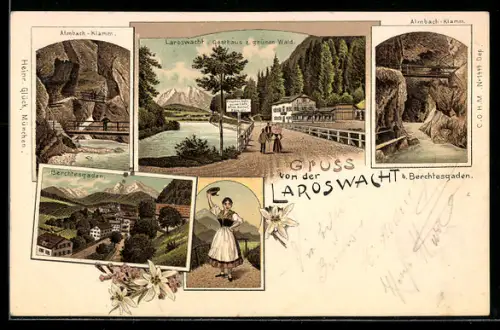 Lithographie Berchtesgaden, Laroswacht, Gasthaus zum grünen Wald, Albach-Klamm