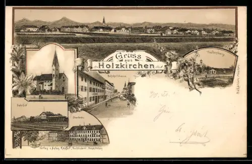Lithographie Holzkirchen, Ortspanorama, Bahnhof, Gasthaus Oberbräu