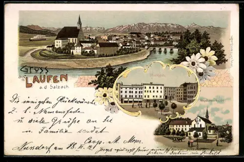 Lithographie Laufen /Salzach, Kapuziner-Kloster, Marktplatz, Panorama