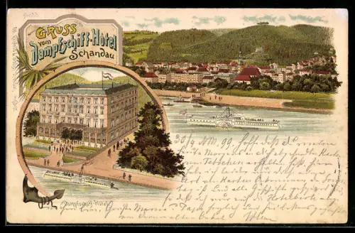 Lithographie Schandau, Dampfschiff-Hotel, Teilansicht des Ortes mit Umgebung, Flussdampfer