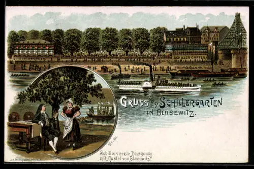 Lithographie Dresden-Blasewitz, Restaurant Schillergarten, Elbe mit Dampfer, Schiller