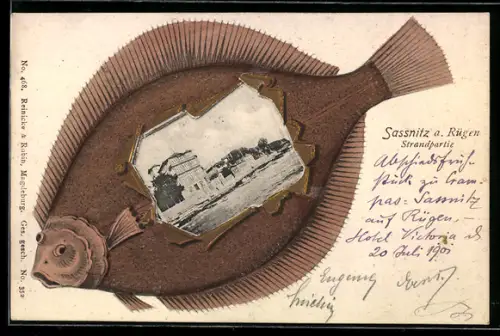 Grusskarten-AK Sassnitz a. Rügen, Strandpartie mit Fischpassepartout