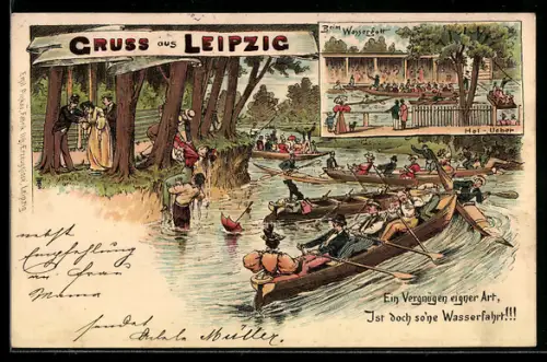 Lithographie Leipzig, Fährmann Hol Ueber, Ruderboote bei der Wasserfahrt