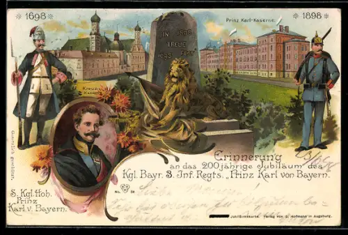 Lithographie Augsburg, Erinnerung an das 200jährige Jubiläum des Kgl. Bayr. 3. Inf. Regts. Prinz Karl v. Bayern