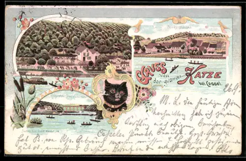 Lithographie Cassel /Fuldatal, Gasthof Graue Katze, Kragenhöfer Brücke und Schleuse, Spiekershausen