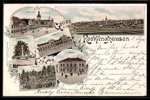 Lithographie Recklinghausen, Totalansicht, Marktplatz, Krieger Denkmal und Rosengarten