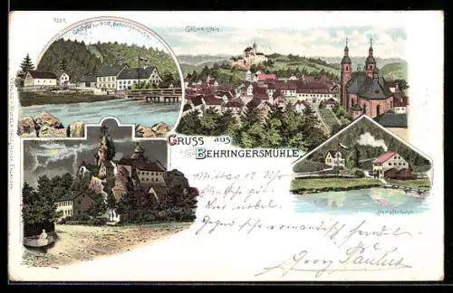 Lithographie Behringersmühle, Gasthaus zur Post, Stempfermühle