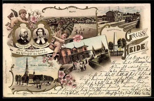 Lithographie Heide, Bahnhof, Markt, Klaus Groth und Sophie Dethlefs Portraits, Kirche