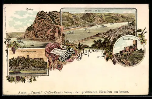 Lithographie St. Goar, Ruine Rheinfels, Ruine Katz, Loreley