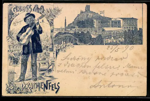 Lithographie Drachenfels, Sänger mit Gitarre und Hotel mit Ruine