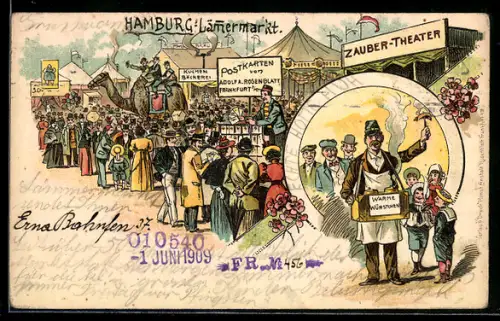 Lithographie Hamburg, Volksfest am Lämmermarkt, Postkartenverkäufer Adolf A. Rosenblatt, Wurstverkäufer