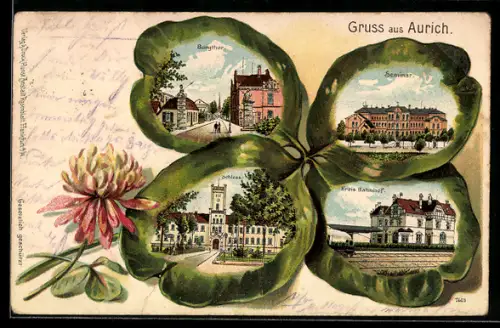 Passepartout-Lithographie Aurich, Burghotr, Seminar, Schloss und Kreis Bahnhof in Kleeblättern