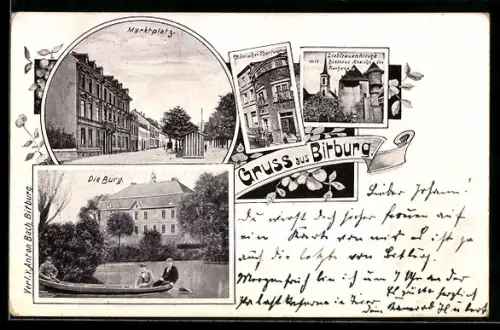 Lithographie Bitburg, Marktplatz, Ansicht der Burg, Römischer Torturm, Liebfrauenkirche