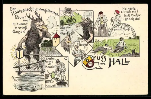 Lithographie Hall, Der Hoolgaascht uff dem Kettensteg, Hoolgaascht warnt vor Hochwasser