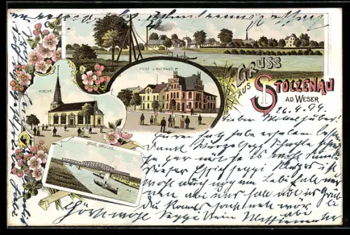 Lithographie Stolzenau a. d. Weser, Post und Rathaus, Neue Brücke, Kirche