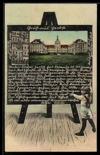 Schultafel-AK Zerbst, Ansicht vom Schloss, Roland, Infotext