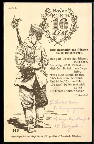 AK Soldat des Bayer. Reserve-Infanterie-Regiment Nr.16 vor dem Ausmarsch, Spruch