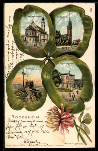 Passepartout-Lithographie Rosenheim, Kath. Stadtpfarrkirche, Wendelsteinspitze, Magistratsgebäude