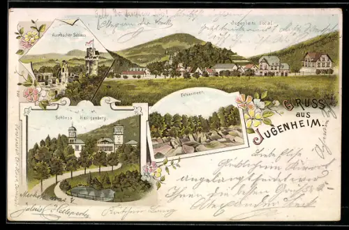 Lithographie Jugenheim / Bergstrasse, Felsenmeer, Auerbacher Schloss mit Aussichtsturm, Totalansicht
