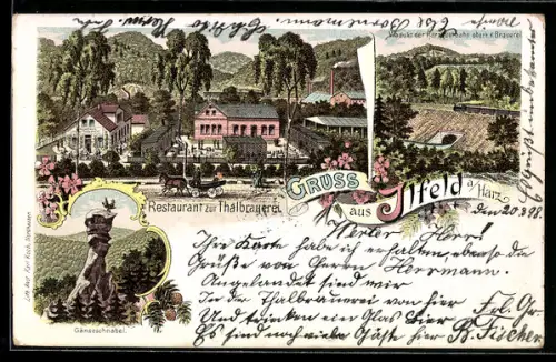 Lithographie Ilfeld /Harz, Restaurant zur Thalbrauerei, Gänseschnabel, Viadukt der Harzquerbahn