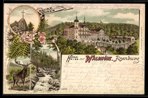Lithographie Ilsenburg, Hotel zur Waldhöhe, Ilsestein, Ilsetal, Hirsch