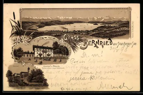 Lithographie Bernried, Gasthof zum Altwirth von J. Schuhbäk, Panorama
