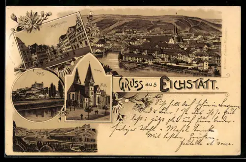 Lithographie Eichstätt, Marktplatz, Burg, Dom