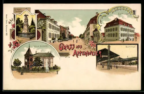 Lithographie Appenweier, Bahnhof, Villa Siebert, Kriegerdenkmal, Strassenpartie, Rathaus