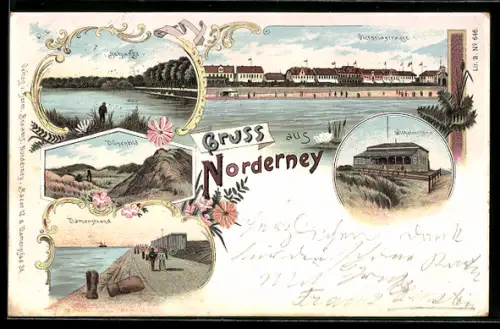 Lithographie Norderney, Victoriastrasse, Dünenbild, Damenstrand