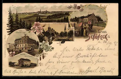 Lithographie Schöneck, Hotel Schützenhaus, Bahnhof, Forsthaus, Ortsansicht