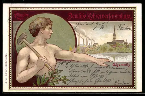 Lithographie Chemnitz, Deutsche Lehrerversammlung, Arbeiter, Ortsansicht