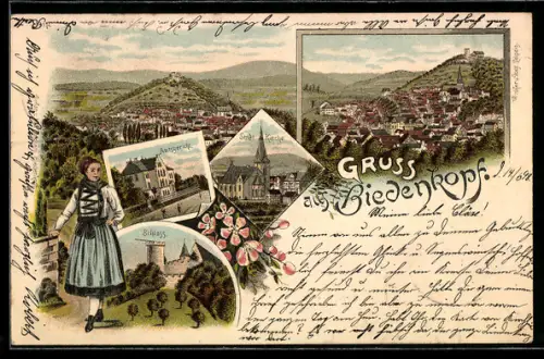 Lithographie Biedenkopf, Amtsgericht, Schloss, Stadtkirche, Mädchen in Tracht