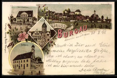 Lithographie Burgau, Thor, Post und Gasthaus, Rathaus