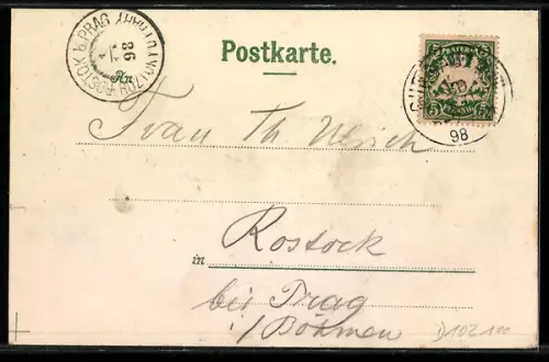 Lithographie Burgau, Thor, Post und Gasthaus, Rathaus