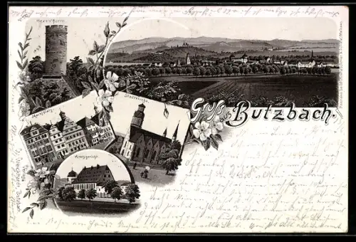 Lithographie Butzbach, Kirche, Turm, Häuserzeile, Ortsansicht