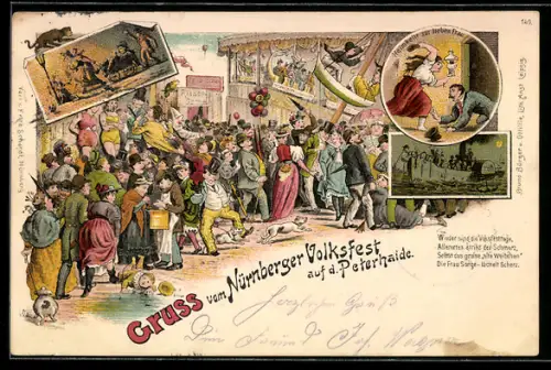 Lithographie Nürnberg, Nürnberger Volksfest auf d. Peterhaide, Besucher auf dem Festplatz