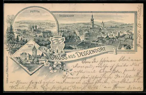 Künstler-AK Deggendorf, Panorama, Schloss Egg und Metten
