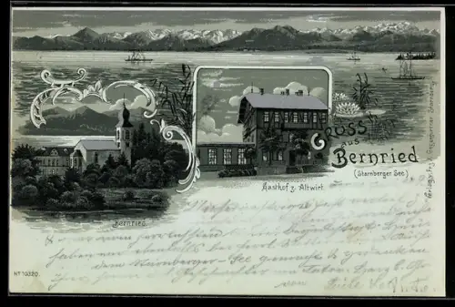 Mondschein-Lithographie Bernried /Starnberger See, Gasthof z. Altwirt, Seepanorama
