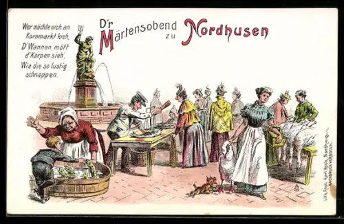 Lithographie Nordhausen, Märtensobend, Fisch- und Gänseverkauf auf dem Markt