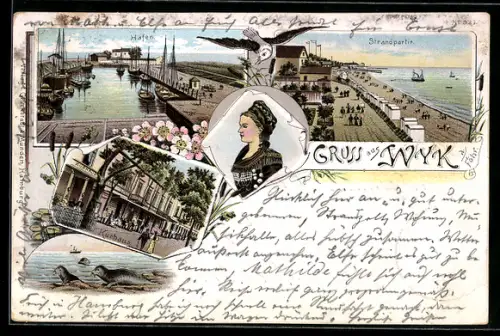 Lithographie Wyk a. Föhr, Kurhaus, Hafen, Strandpartie, Frau in Tracht