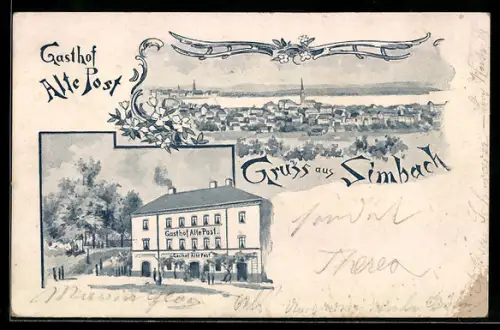 AK Simbach, Gasthof Alte Post, Ortsansicht mit Kirche