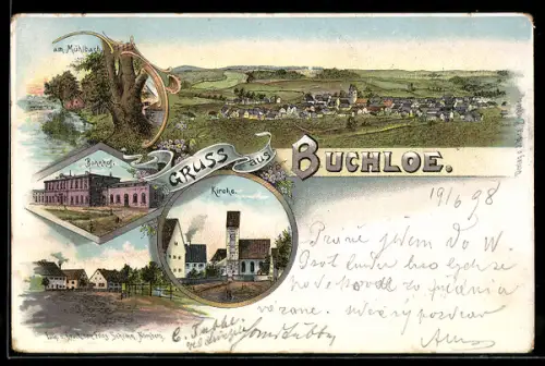 Lithographie Buchloe, Totalansicht, Bahnhof, Kirche, Partie am Mühlbach