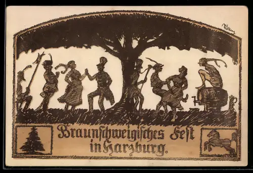 Künstler-AK Harzburg, Braunschweigisches Fest, Tanzende Gruppe unter einem Baum