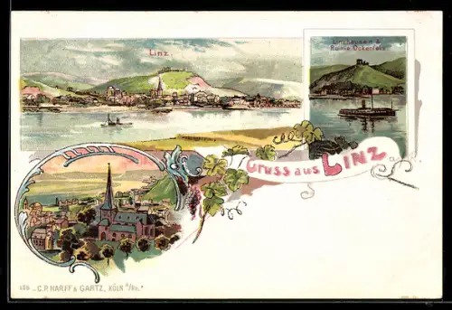 Lithographie Linz / Rhein, Panorama, Linzhausen & Ruine Ockenfels
