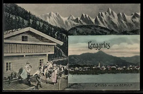 Grusskarten-AK Lenggries, Gasthaus mit tanzenden Paaren und Blick auf das Hochgebirge, Ortsansicht am See