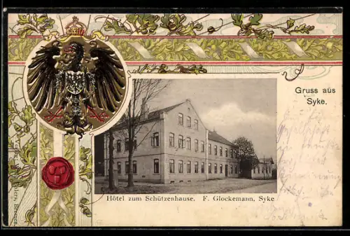 Passepartout-Lithographie Syke, Hotel zum Schützenhause F. Glockemann, Wappen