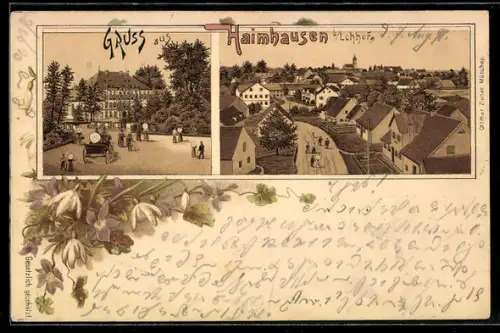 Lithographie Haimhausen b. Lohhof, Strassenpartie mit Wohnhäusern aus der Vogelschau, Gasthaus