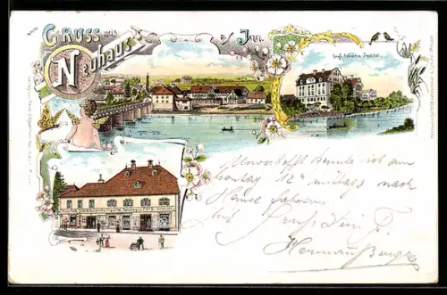 Lithographie Neuhaus, Läden von Ferd. Obpacher, Engl. Fräulein Institut