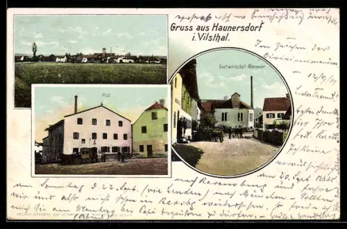 AK Haunersdorf i. Vilsthal, Gasthaus Mittermeier, Postgebäude, Ortsansicht vom Feld aus